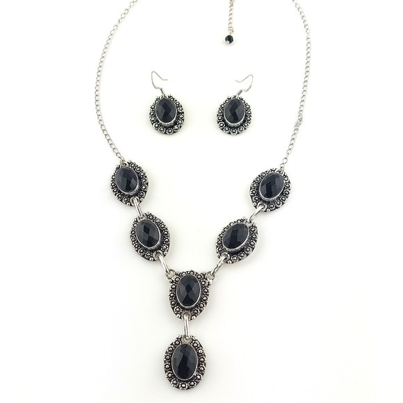 Faceted Black Glass .925 Layered Stainless Steel Necklace Earring Set - Picture 3 of 5